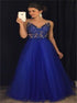 A Line V Neck Royal Blue Tulle Prom Dresses With Beadings LBQ1088